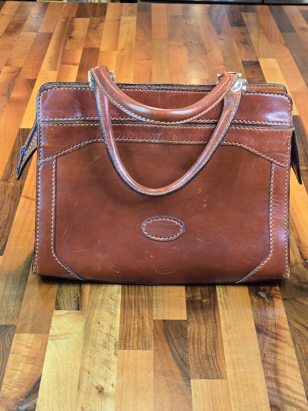 Vintage Italian Leather Satchel Handbag - Cognac Brown